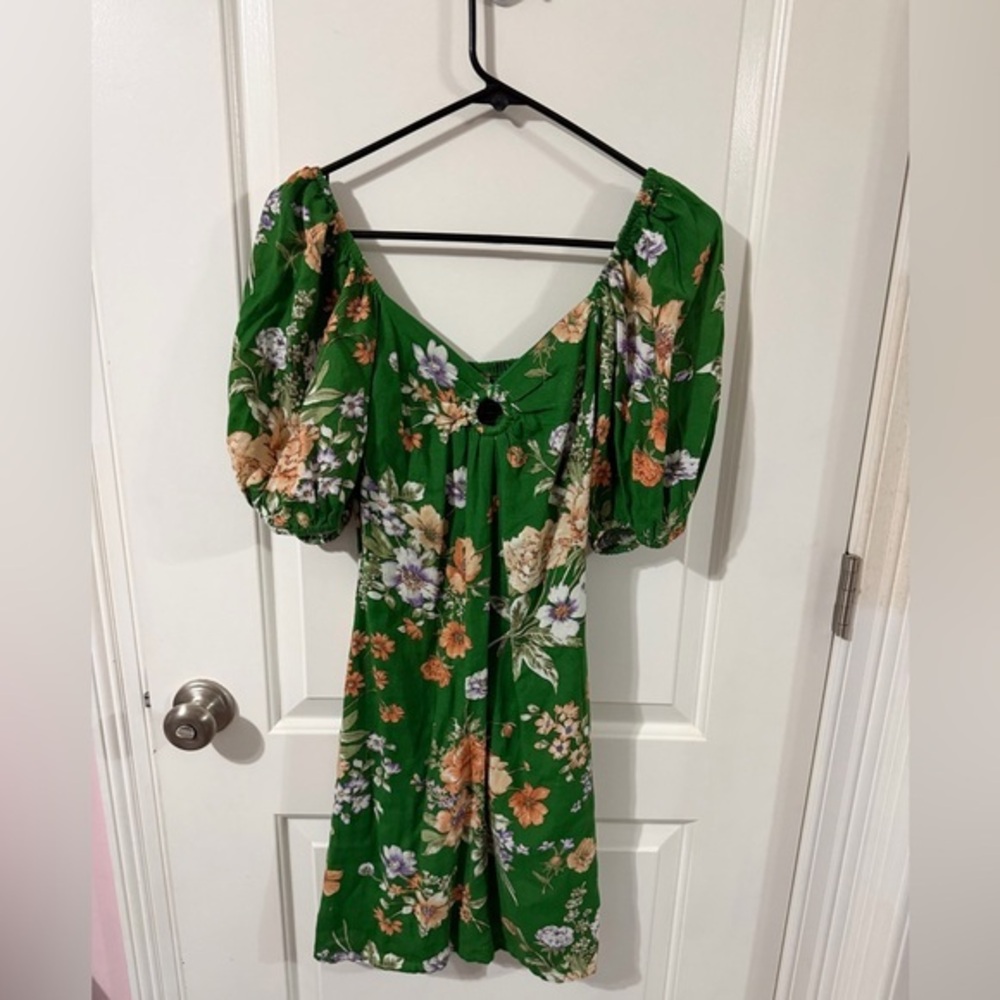 Sim & Sam Green Floral Puff Sleeve Mini Dress Size Small Boho